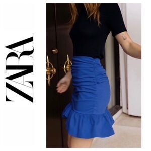 NWT Zara Ruched Flounced Hem High Waisted Mini Skirt in Royal Blue, Size Small